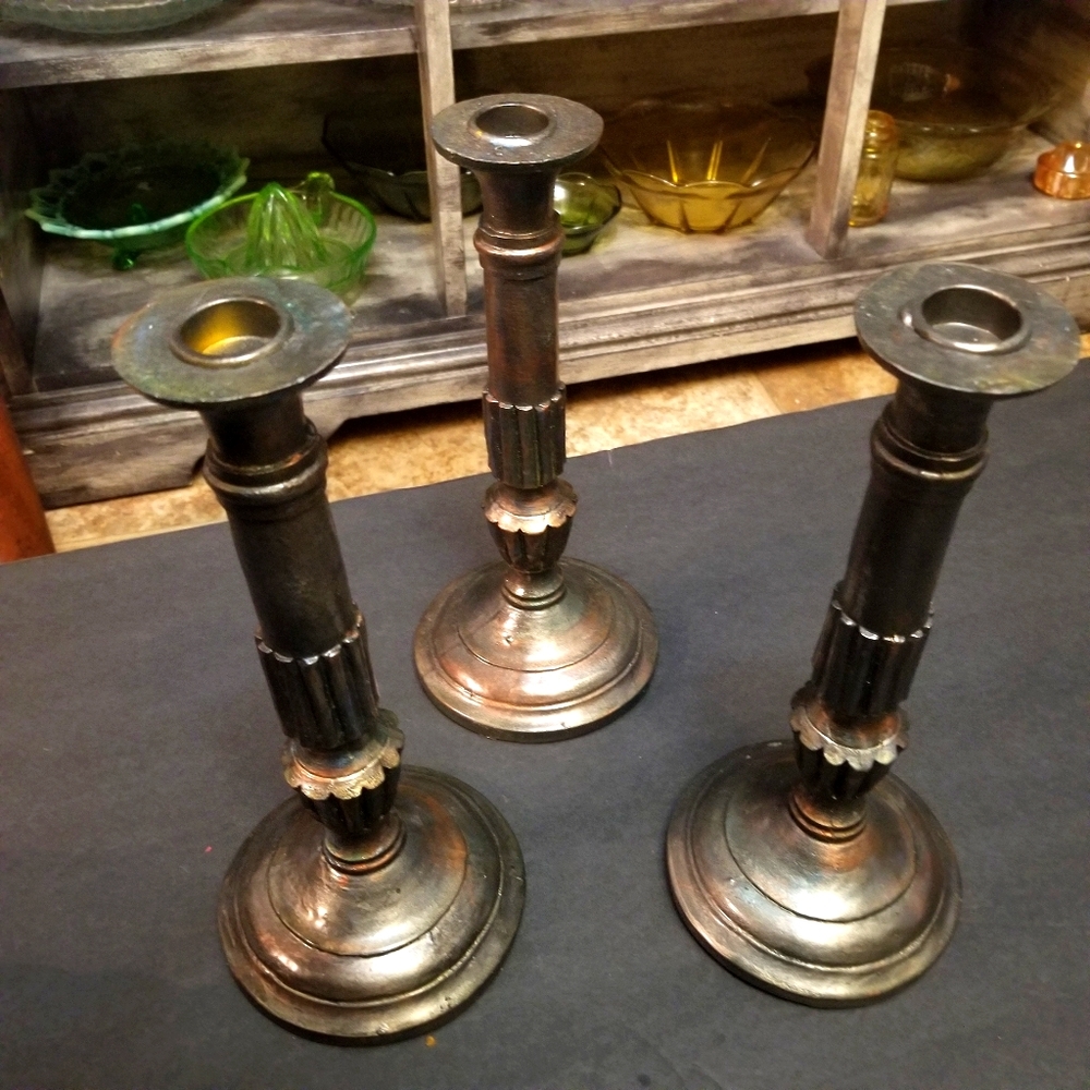 One of a kind set of 3 steam punk candle holders